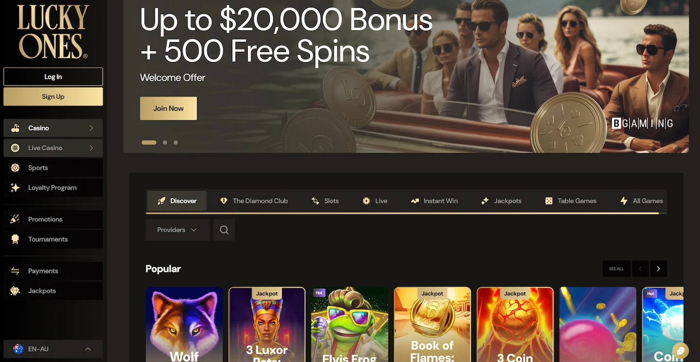 LuckyOnes casino page displaying welcome bonus offer, popular online pokies and site navigation